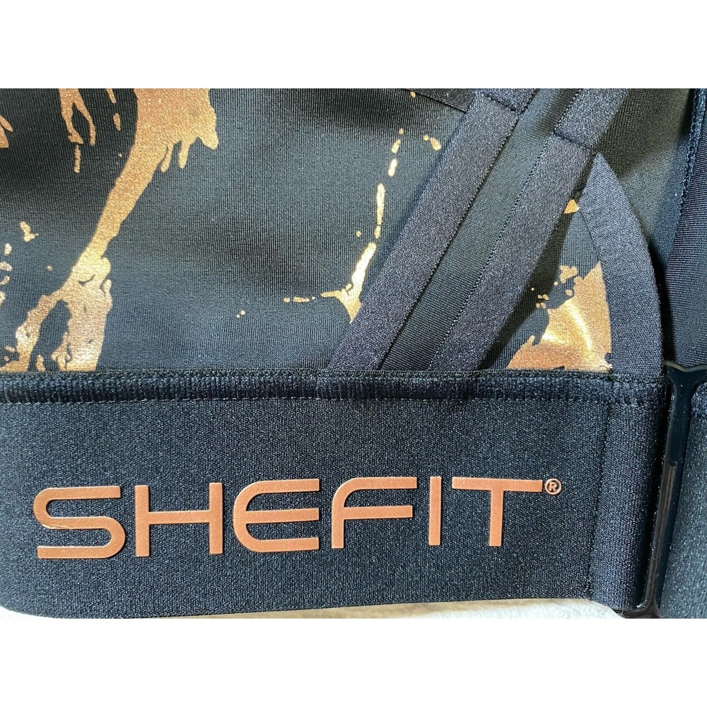 SHEFIT Flex Sports Bra Size Medium Black Rose Gold Foil Shimmer Zip Front 110003 - Picture 5 of 7